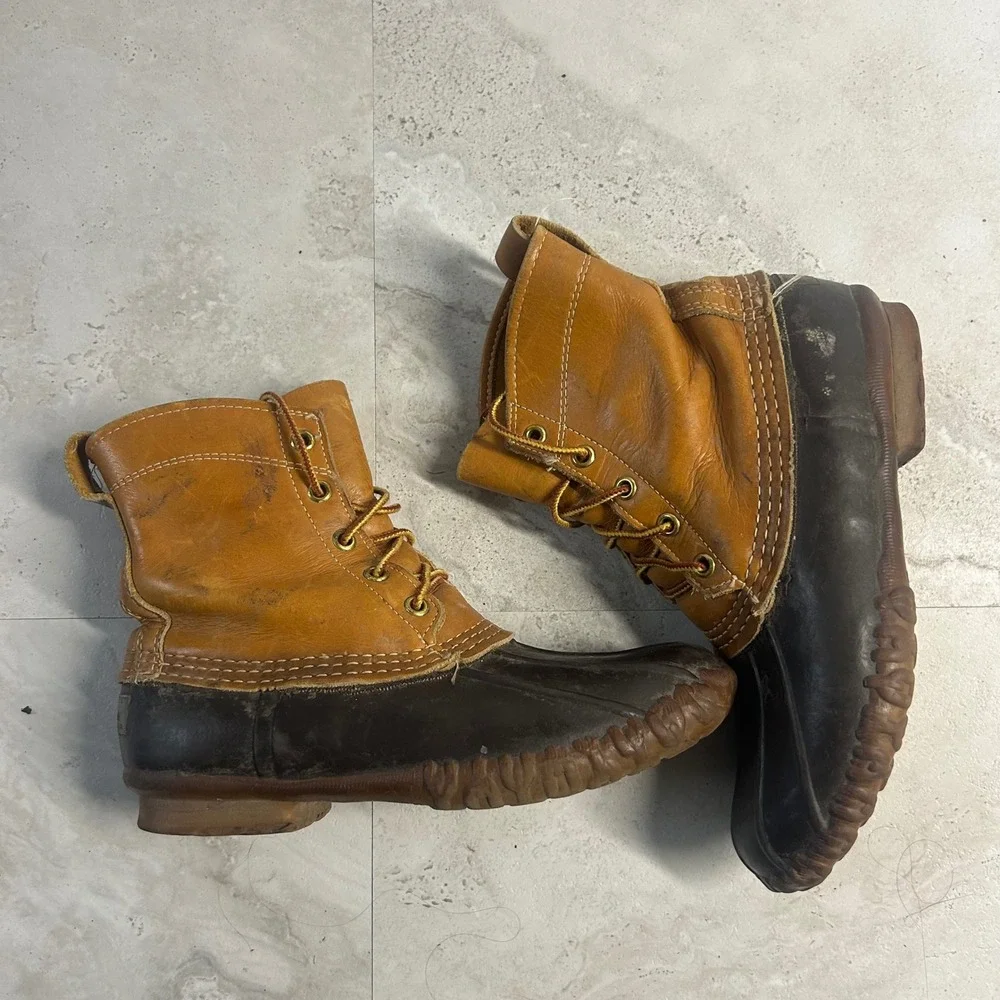 LL Bean Duck Boots Brown Womens 8 Vintage 6 inch Leather Rubber Rain Boots